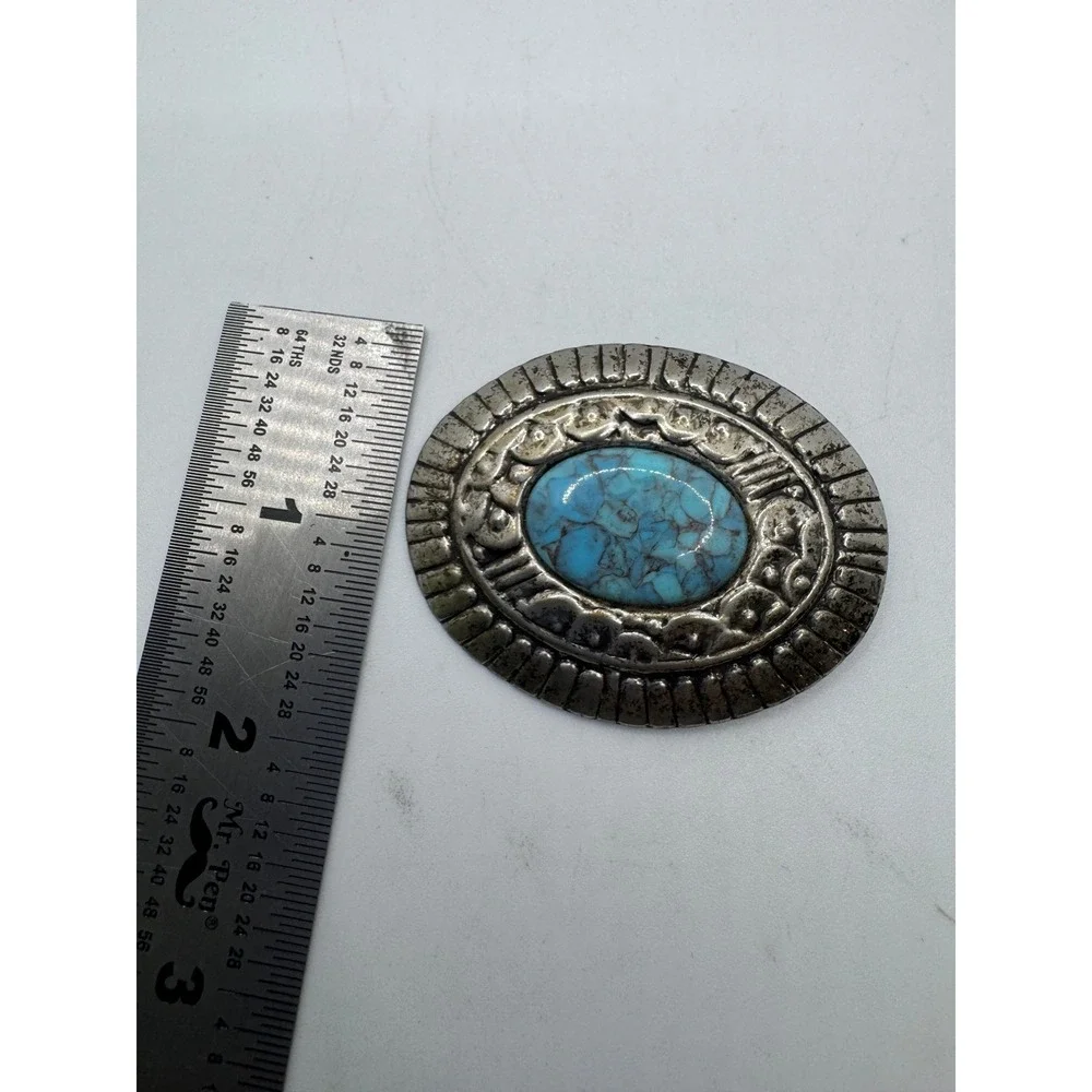 Vintage Southwestern Faux Turquoise Oval Brooch Silver Tone Scalloped Pin